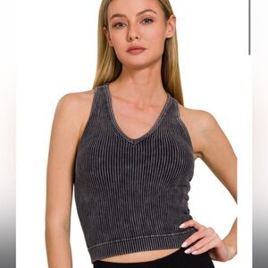 ZENANA WASHED RIBBED SEAMLESS BRA PADDED V-NECK TANK TOP ASH BLACK S/M L/XL